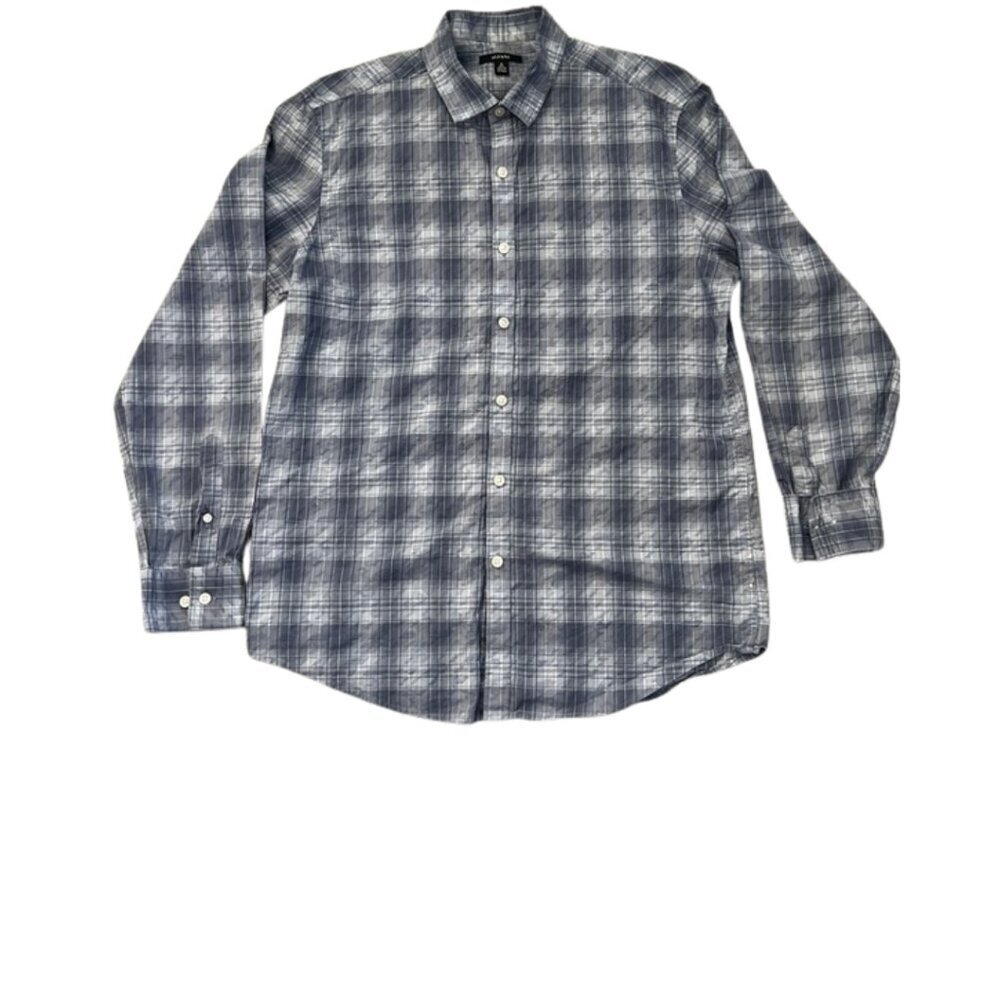 Alfani Men's Gray Plaid Checkered Button-Down Collared Long-Sleeve Shirt -Medium